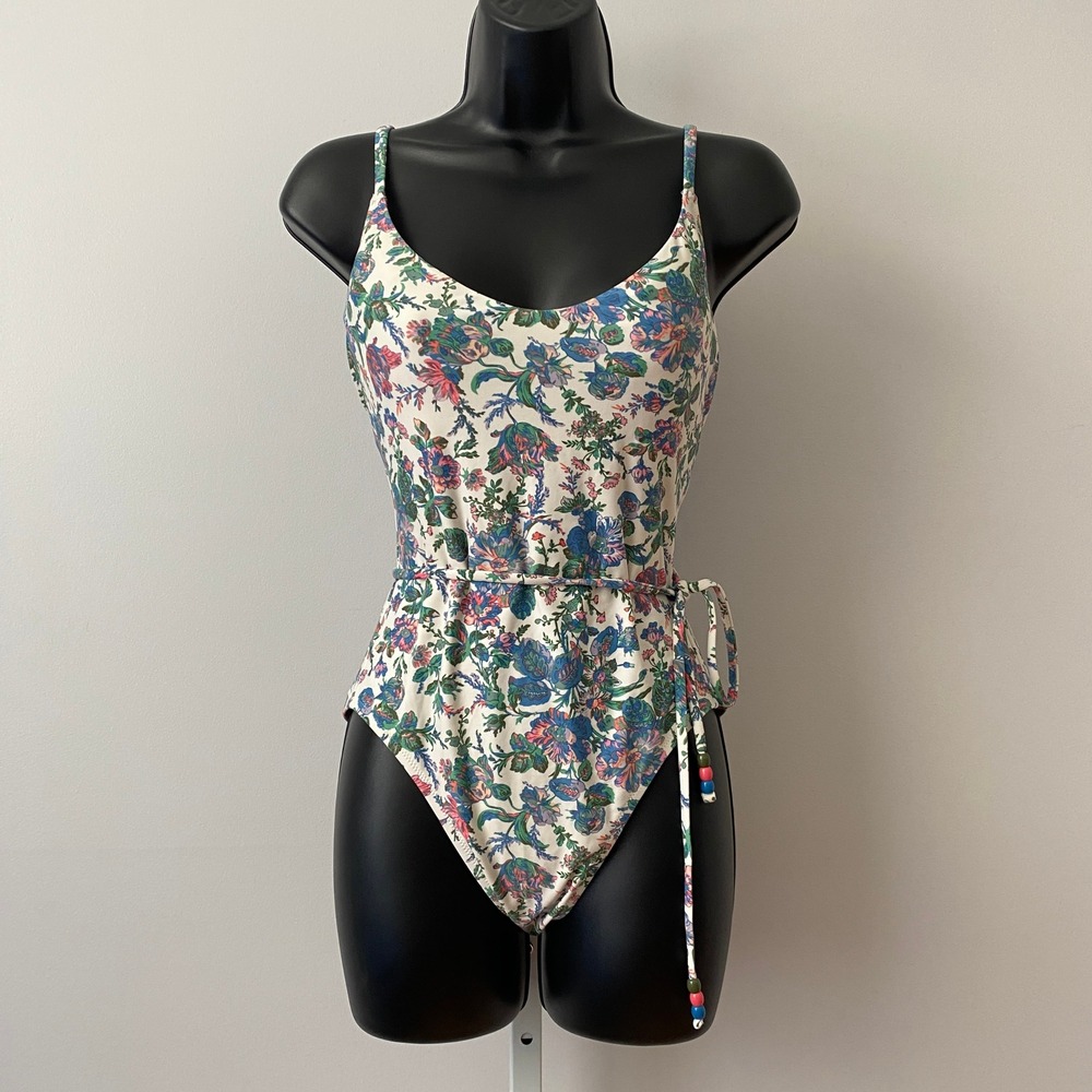 J.Crew 2 White Floral One Piece Swimsuit Beaded Tie Waist Cottagecore Swim